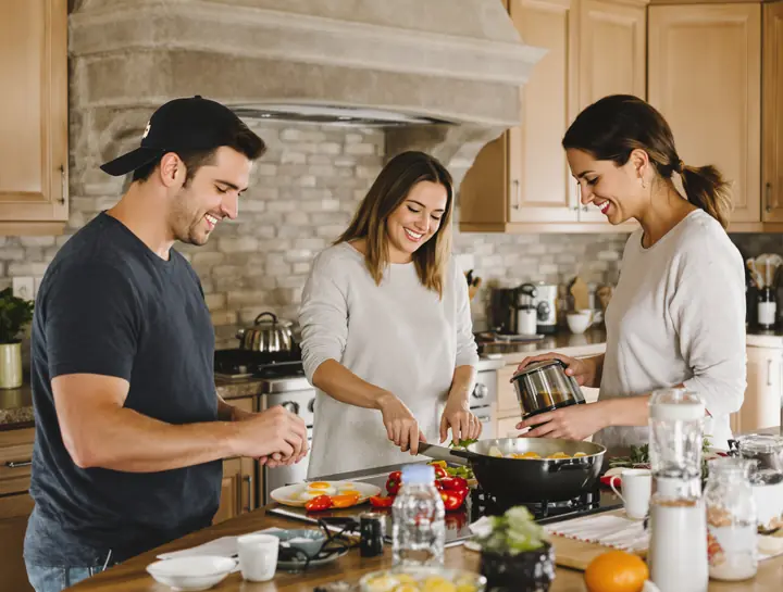 Residents cooking breakfast together in the lodge kitchen