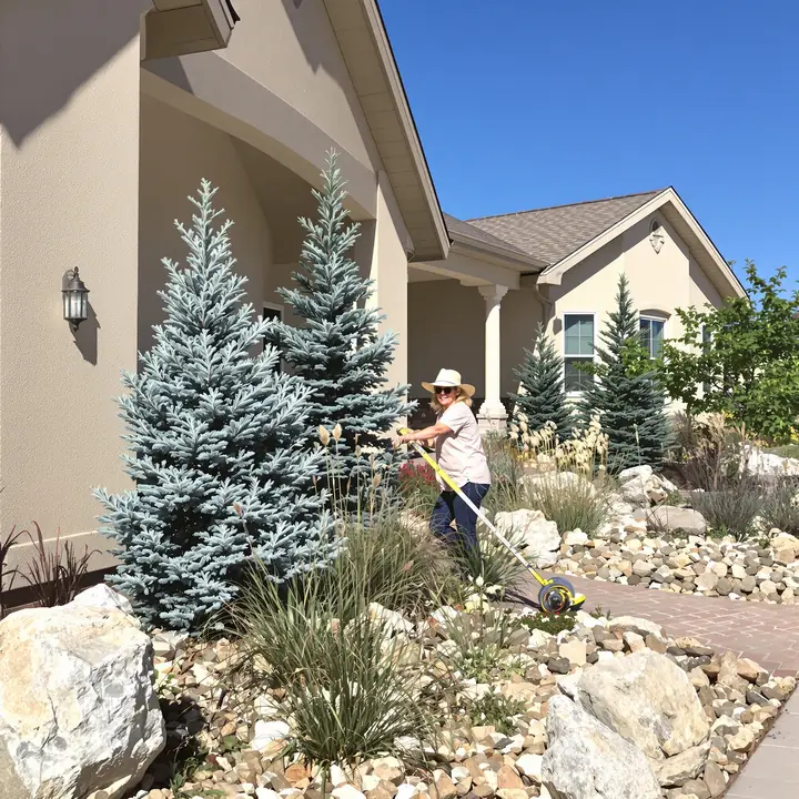 An appraiser measuring the side of a ranch house with a rock garden
