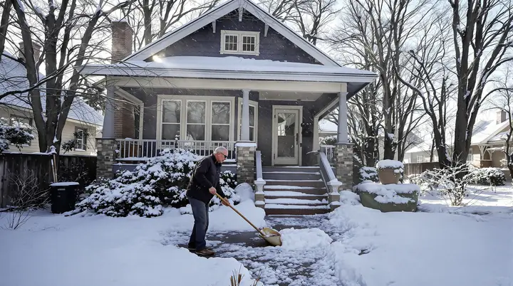 A man shoveling snow in front of his bungalow in Old Town