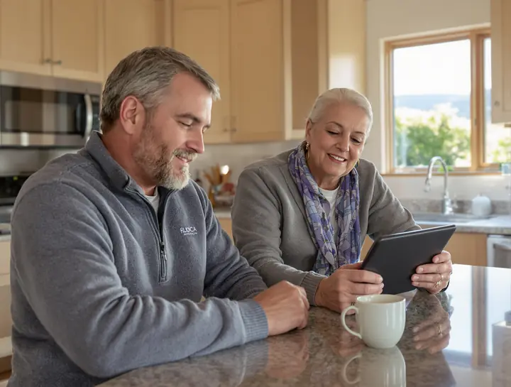 Dana going over refinance options with a retired homeowner at her kitchen island