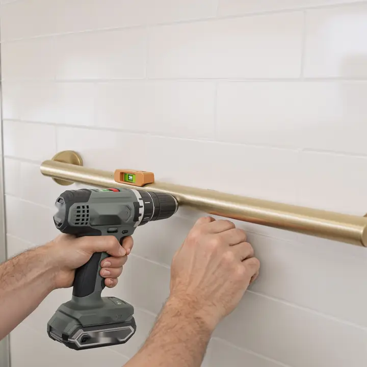 Installer drilling to mount a brushed brass grab bar into tile