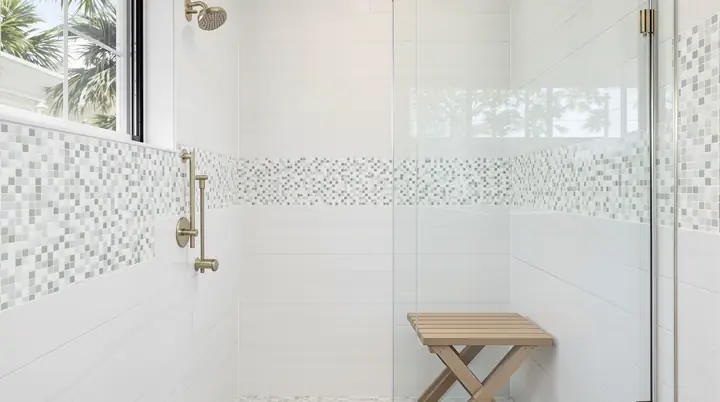 Finished curbless walk in shower with white tile, blue mosaic band, brass grab bar and a teak fold down seat