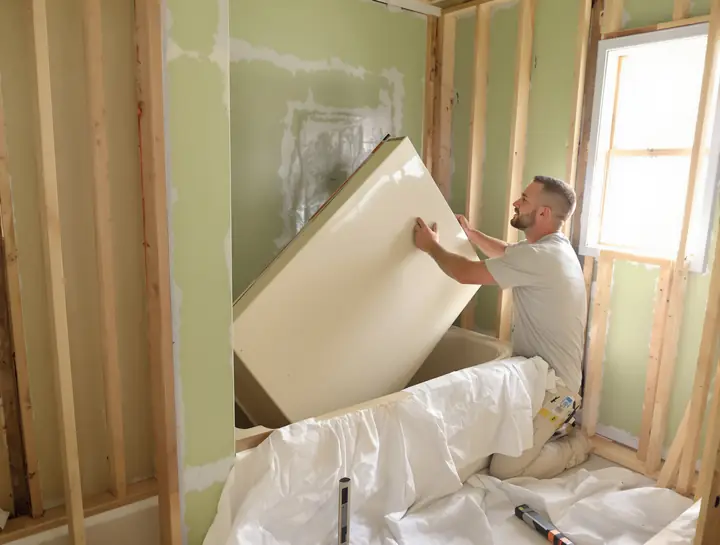 Installer pulling an old fiberglass tub out of a 1970s bathroom