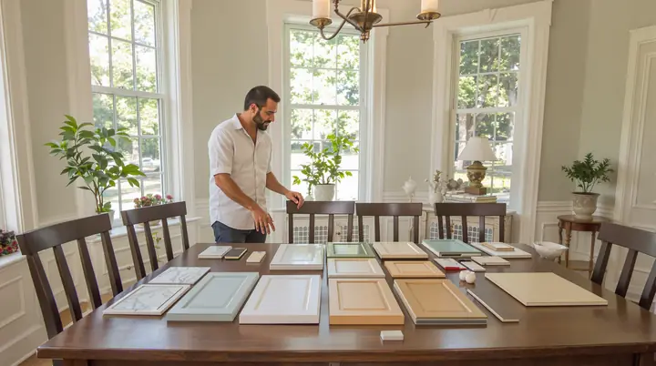 Designer and homeowners choosing cabinet doors, stone and tile at a dining table