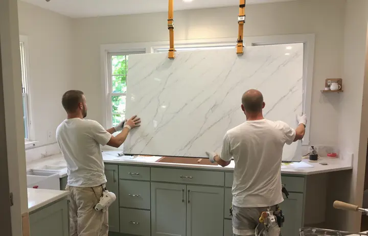 Two installers lowering a quartzite slab onto green base cabinets