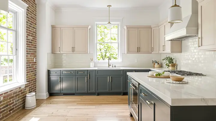 Finished kitchen with white oak cabinets, a green island and marble counters in a Fan District rowhouse