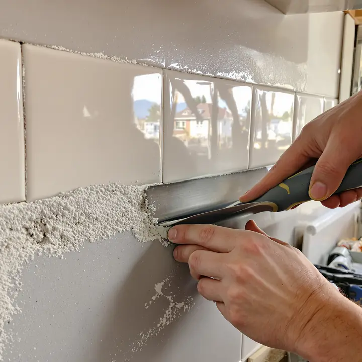 Hands setting handmade cream tile on a backsplash