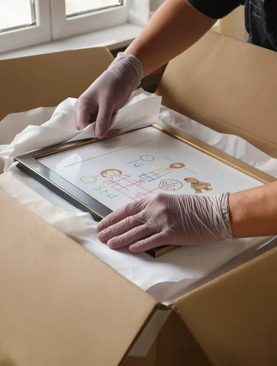 Worker wrapping a child's framed drawing before packing it