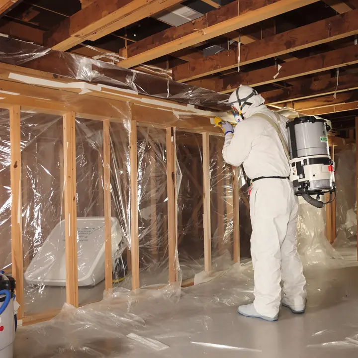 Technician in a protective suit cleaning mold inside plastic sheeting in a basement