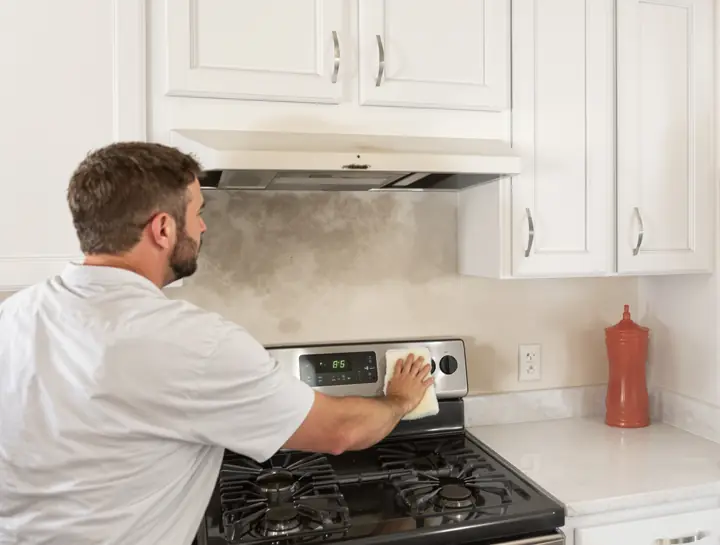 Worker wiping soot from white kitchen cabinets after a small fire
