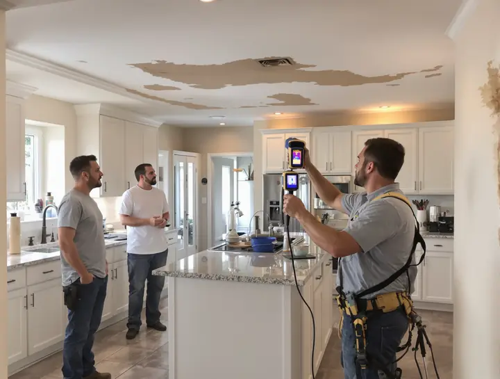 Technician scanning a ceiling stain with a thermal camera while homeowners watch