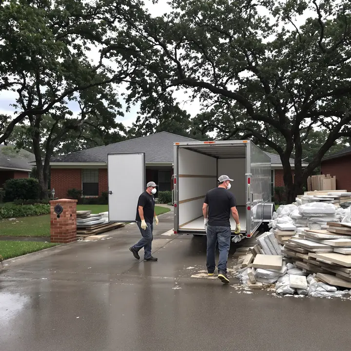 Crew hauling wet drywall and pad to a trailer in Bellaire