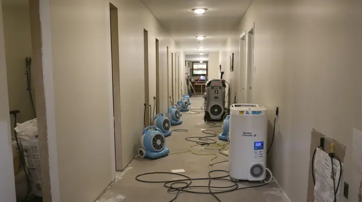 Hallway lined with air movers and a dehumidifier after wet drywall was cut out