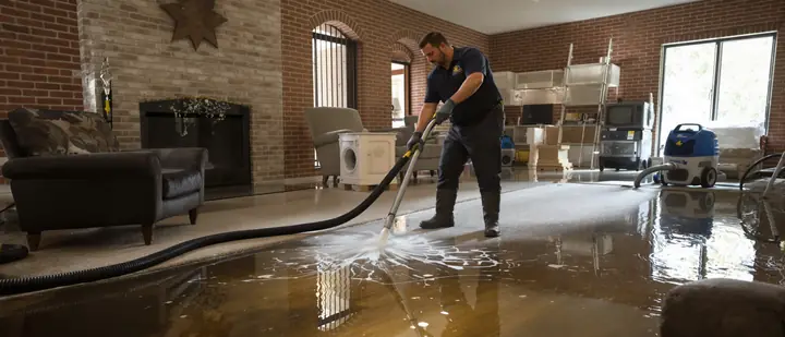 Technician pulling water out of a soaked living room floor in a Houston home