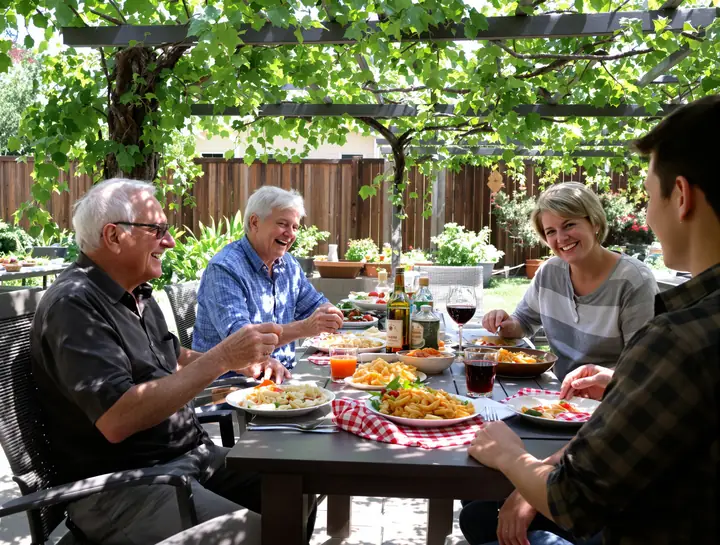 Three generations at Sunday lunch under a grape arbor