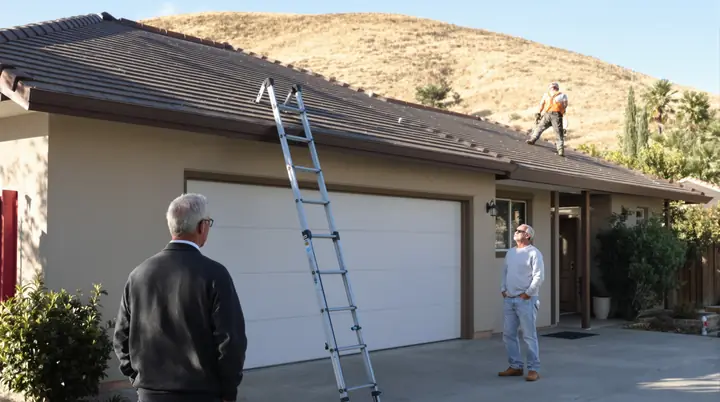 A roofer checking a ranch house roof while the owner watches from the driveway