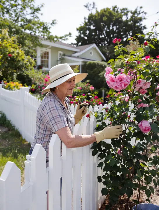 A woman in a sun hat pruning roses along her picket fence