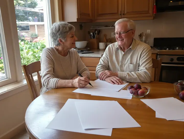 Mariana going over a reverse mortgage with an older couple at their kitchen table
