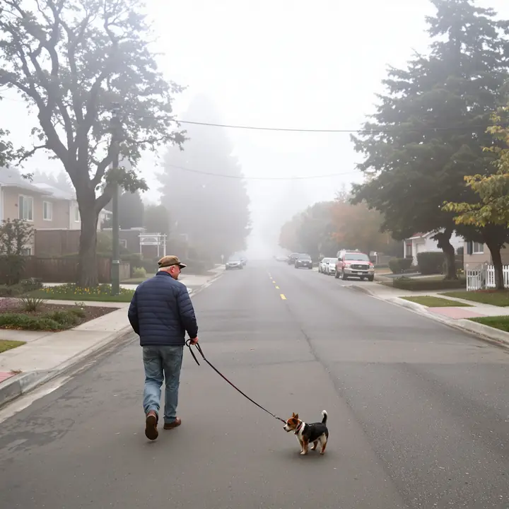 An older man walking his terrier on a foggy Santa Rosa morning