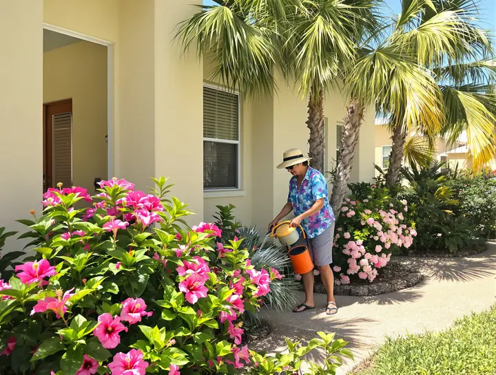 A woman watering hibiscus in front of her home