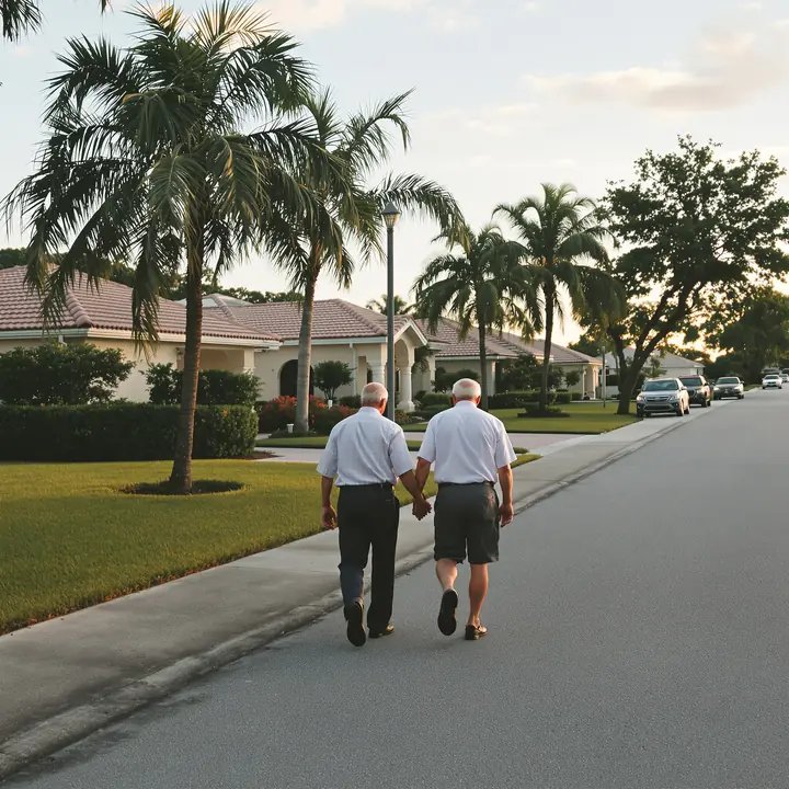 An older couple walking hand in hand down a palm lined street