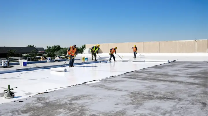 Crew rolling white silicone coating over a gray flat roof on a Waco strip center