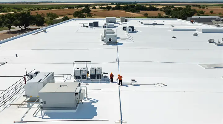 Brazos crew welding TPO seams on a warehouse roof in Waco, seen from above