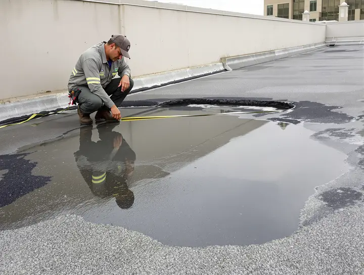 Roofer measuring ponding water near a clogged drain on a modified bitumen roof