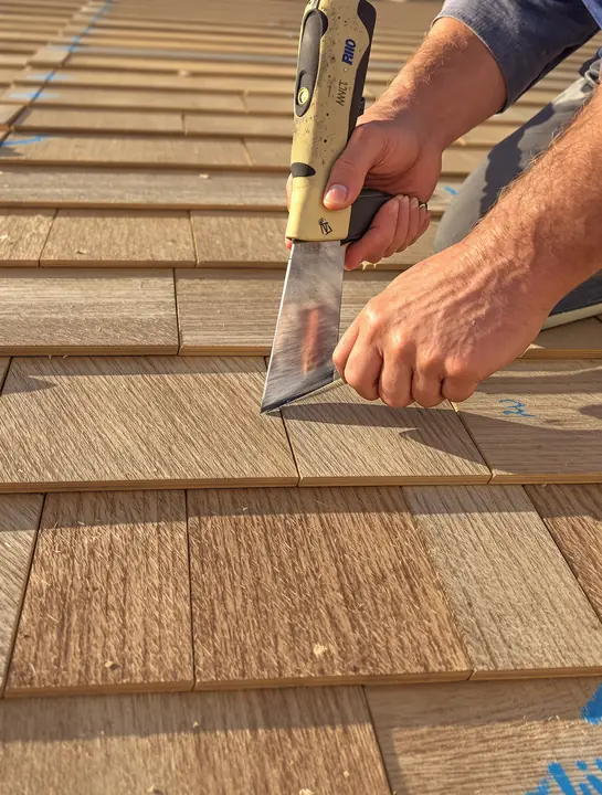 Hand nailing new cedar shakes in straight rows