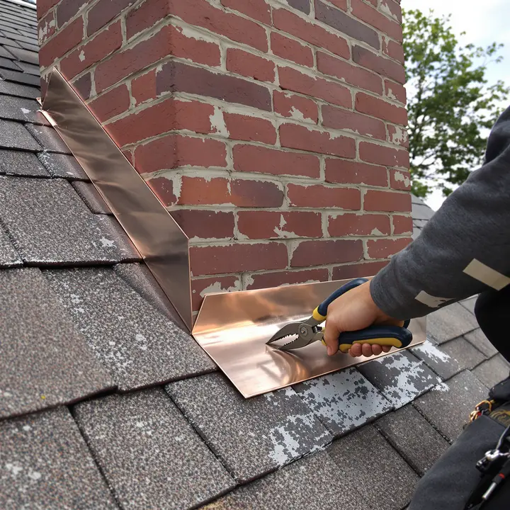 Fitting copper step flashing around an old brick chimney