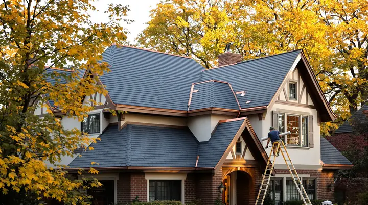 New charcoal shingle roof with copper edge on a Tudor home in Minneapolis