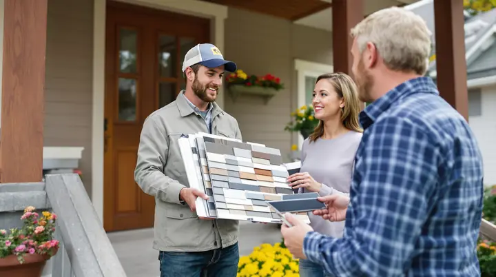 Owner showing shingle and metal samples to homeowners on their porch in Minneapolis