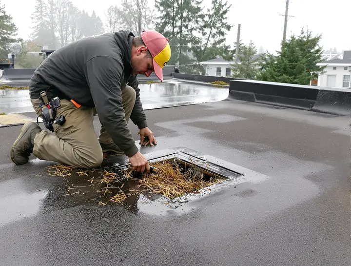 Clearing a clogged roof drain before the fall rains