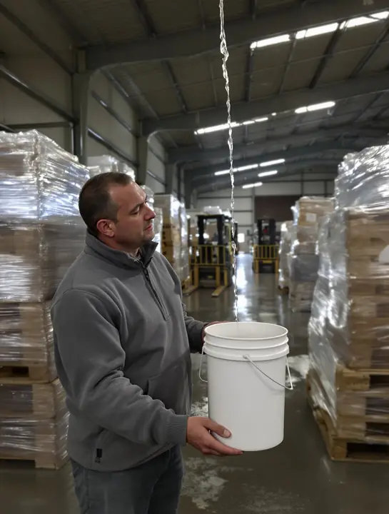 A facility manager setting a bucket under a drip in a warehouse