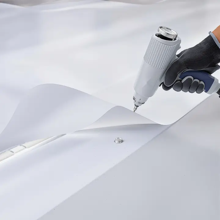 A hot air welder sealing a white roof seam
