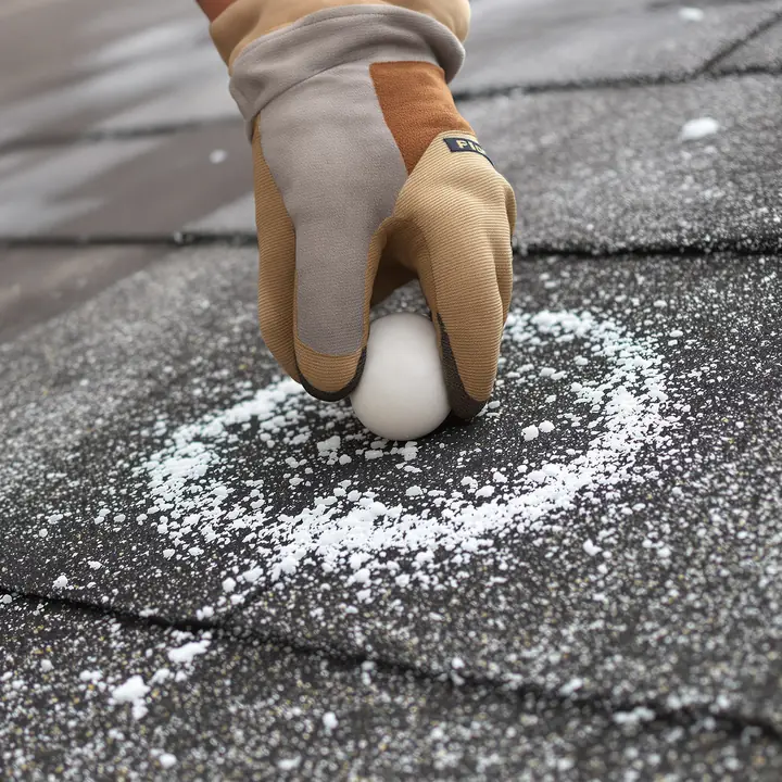 Golf ball sized hailstone next to a chalk circled hit