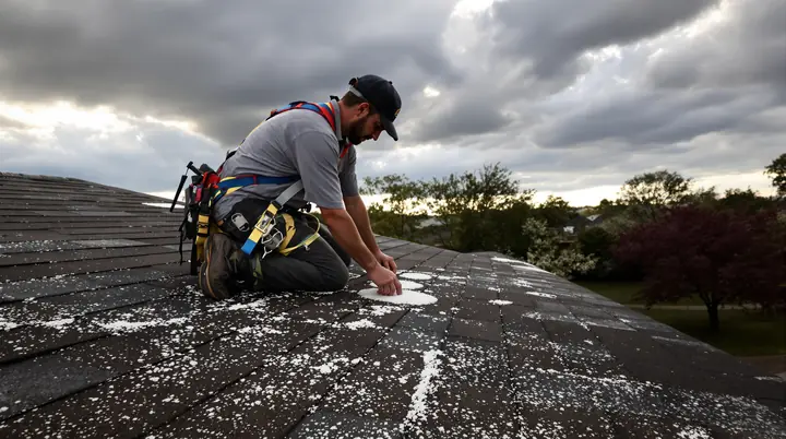 Red Dirt roofer marking hail hits in chalk on a brick ranch home in Oklahoma City