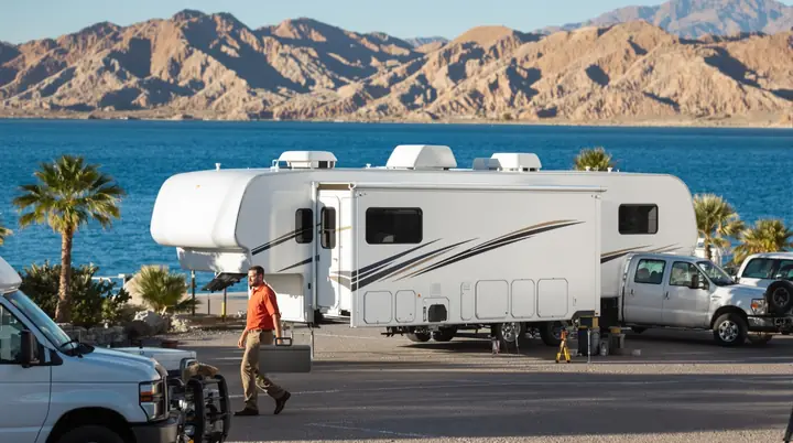 Tech walking up to a fifth wheel at a lakeside site in Lake Havasu City