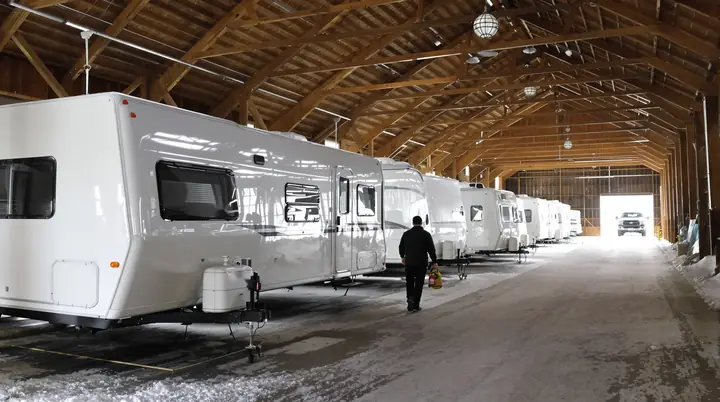 Tech walking between rigs in a pole barn with a battery charger