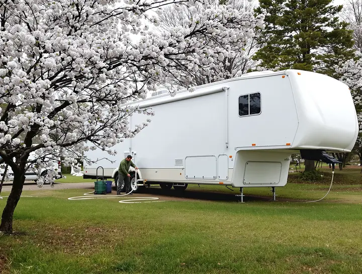 Tech hooking up fresh water to a fifth wheel beside a blooming cherry orchard