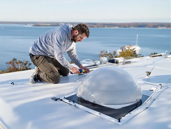 Tech checking roof vent sealant on a class C with the bay behind