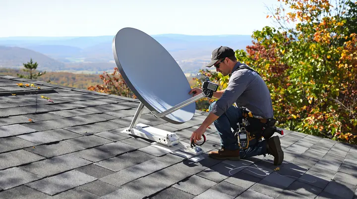 Aiming a dish by hand on a ranch house roof with ridges behind