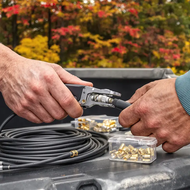 Crimping a connector onto new coax cable on a tailgate