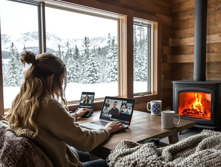Working on a video call from a snowy cabin near Lakeside