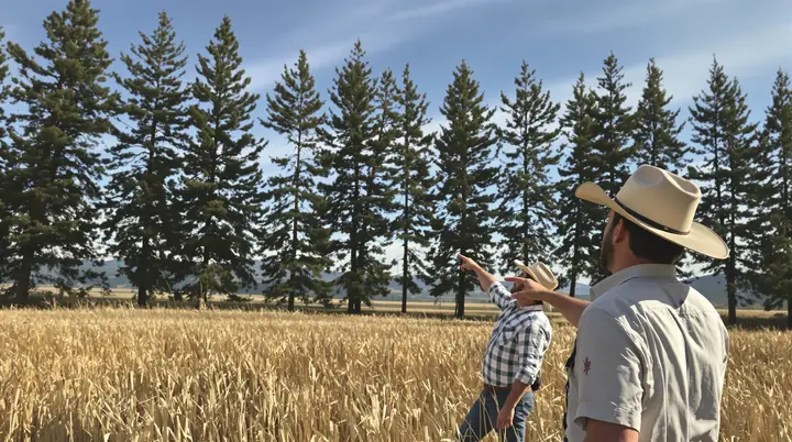 Walking a hay field with a rancher to find open sky past the pines