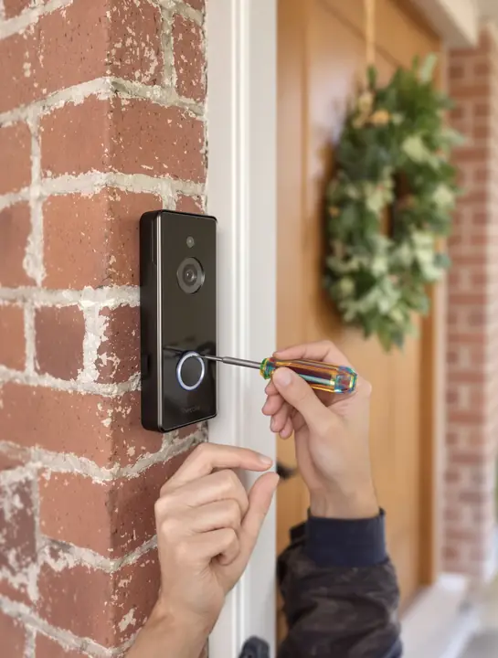 Video doorbell being fitted beside a front door framed in brick