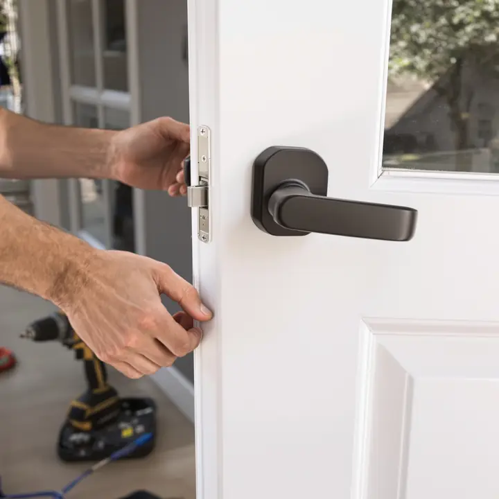 Installing new door hardware on a white front door