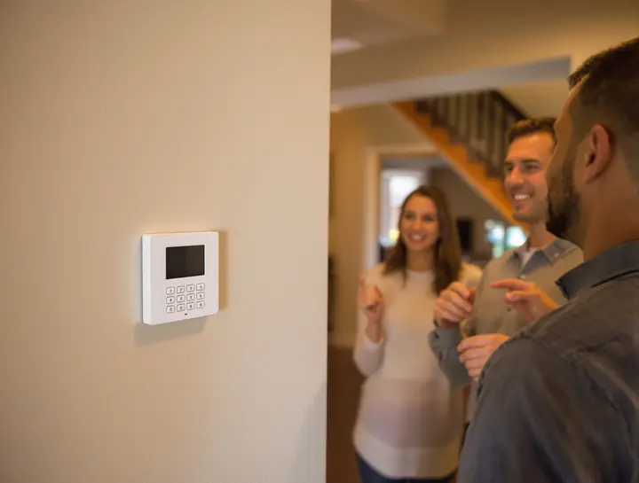 Installer showing homeowners a new alarm keypad in the entry hall