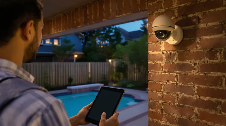Installer aiming a dome camera over a backyard pool at blue hour