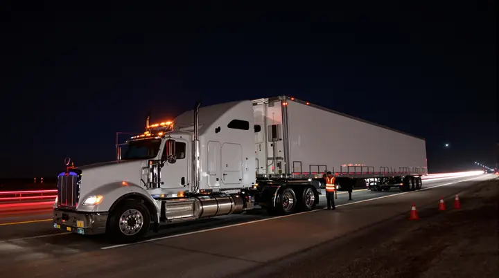 Service truck behind a trailer on the I-35 shoulder
